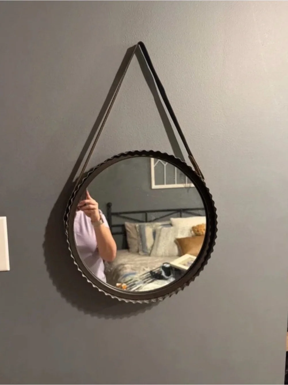 Scalloped Round Wall Mirror with Hanging Strap in Black